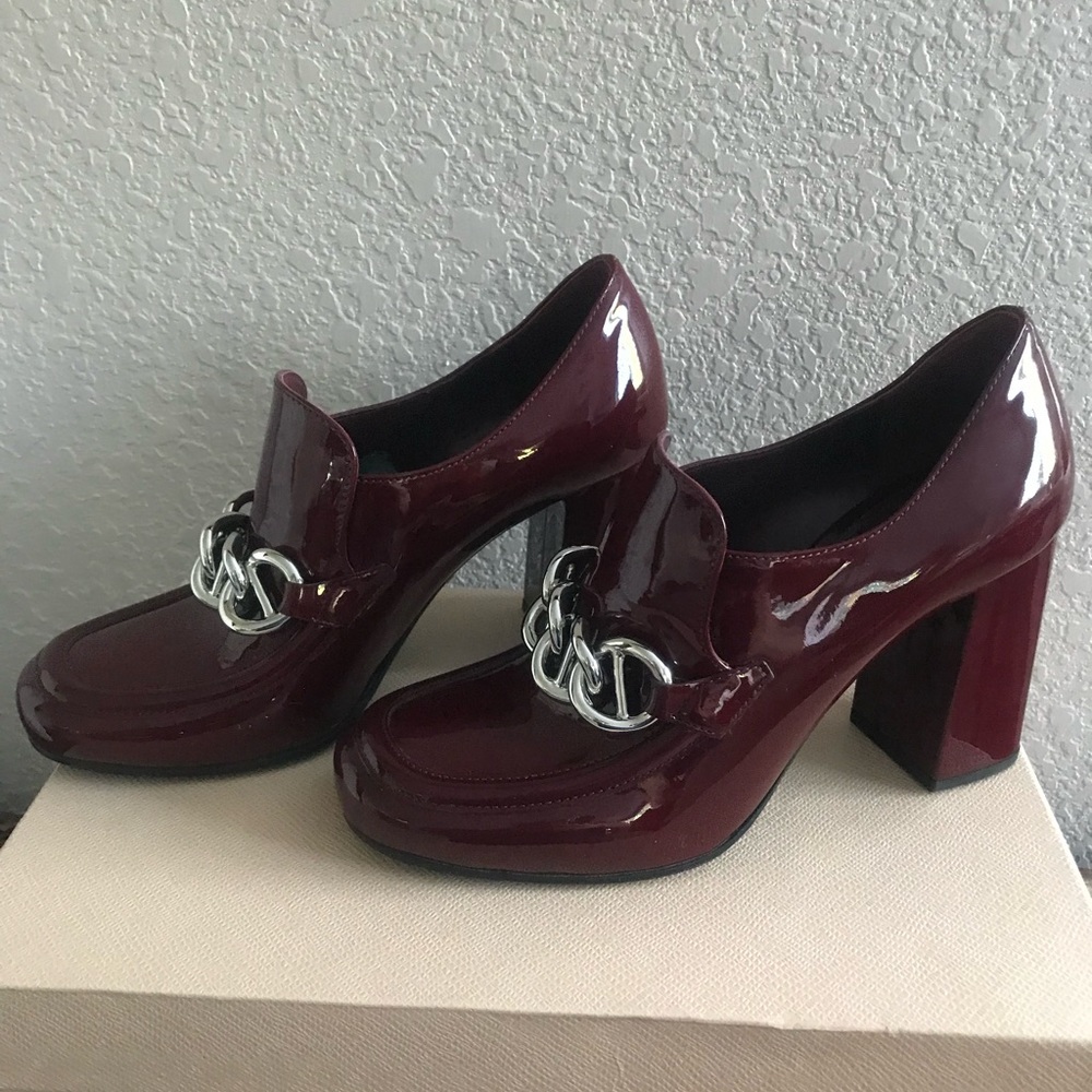Burgundy Patent Chain-Accent Women's Block Heel Loafers - Picture 3 of 5